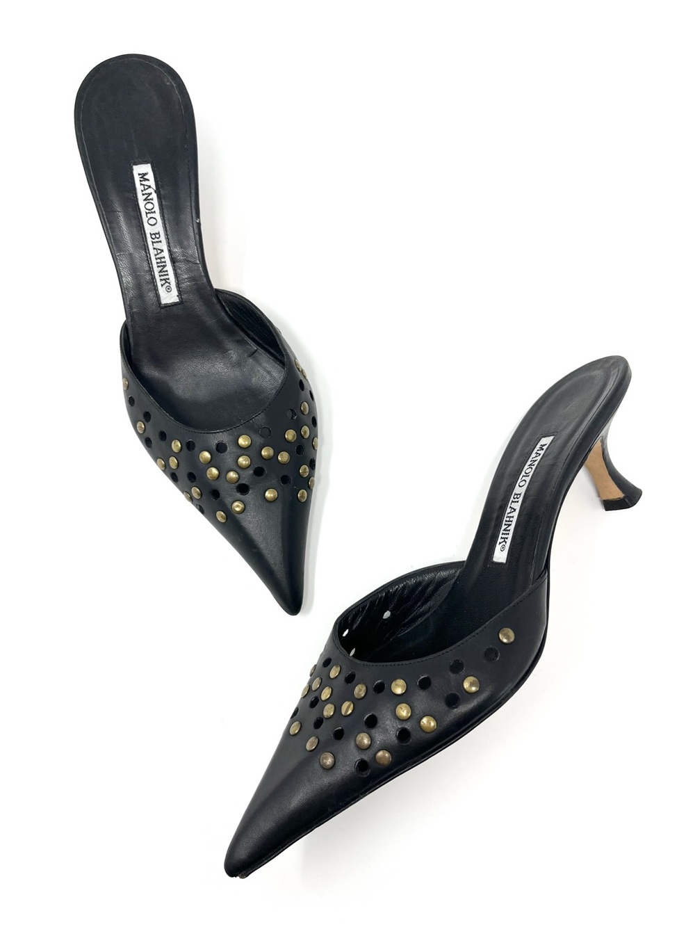 Vintage Manolo Blahnik 90s Y2K Black Leather Studded Mules Kitten Heels 37.5 7.5